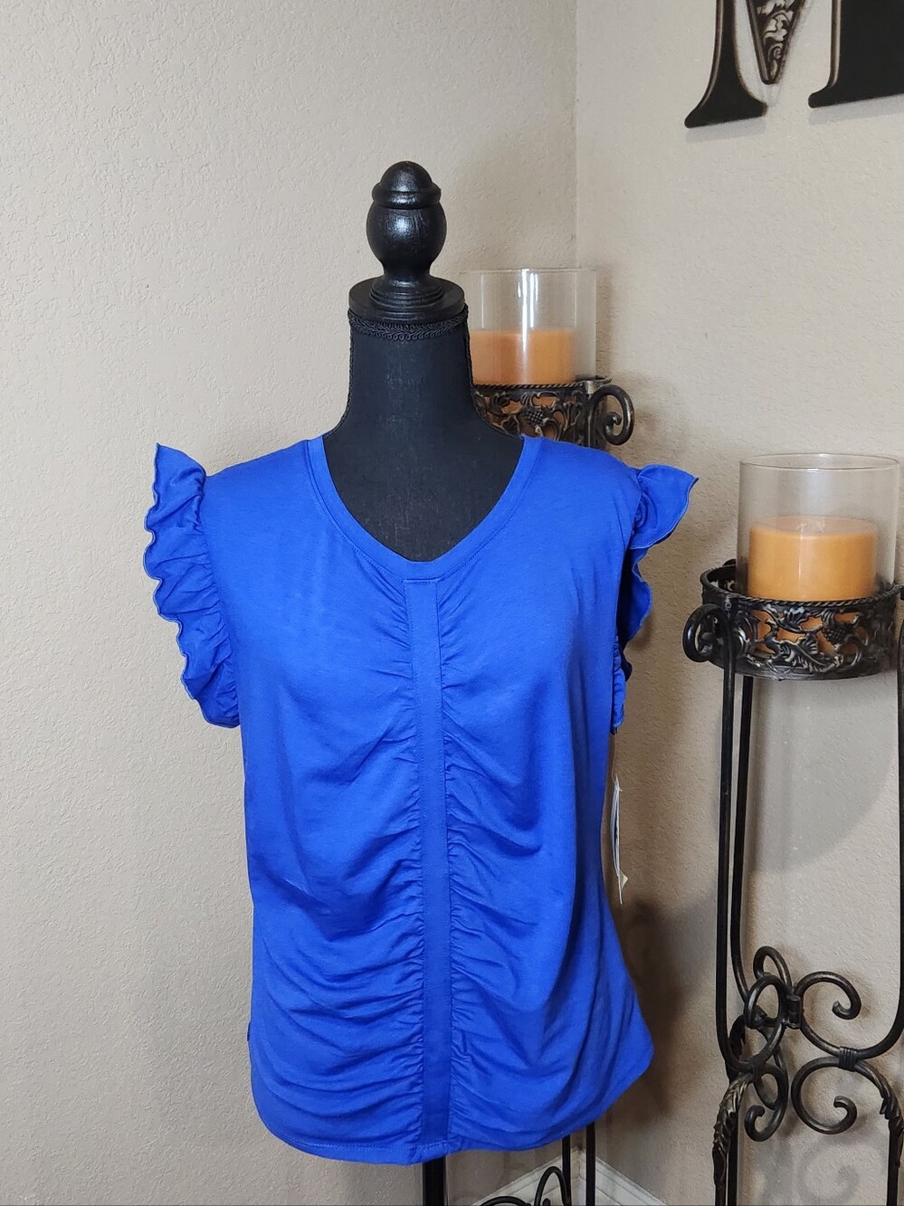 Robert Rodriguez Royal Blue Ruffle Sleeve V-Neck With Rusching NWT Size Large